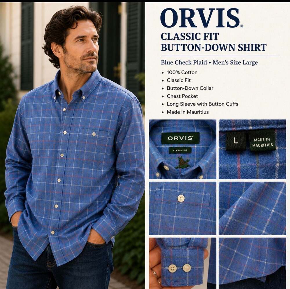 ORVIS Men's Large Classic Fit Blue Plaid Long Sleeve Button-Down Shirt